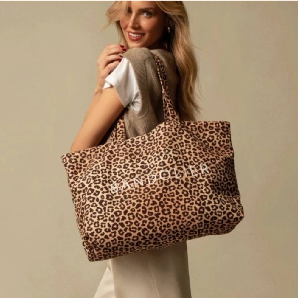 Bandolier Leopard Print Tan& Brown Canvas Tote Bag   NEW